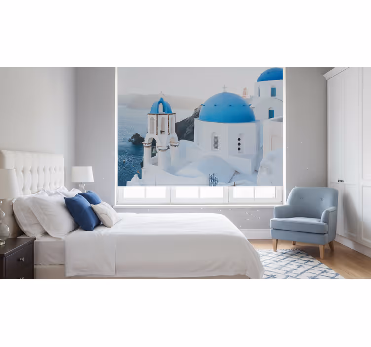 Rollo fenster schlafzimmer santorini weiße und blaue häuser - TenStickers