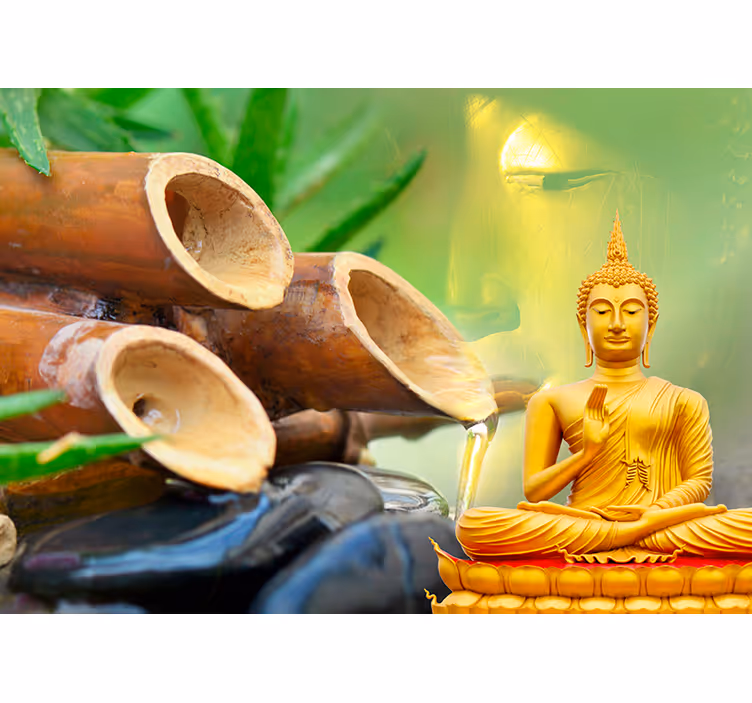 Rollo fenster zen fototapete buddha gold mit wasserrohr - TenStickers