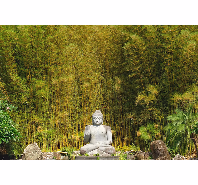 Rollo fenster zen grauer buddha blickt auf grüne natur - TenStickers