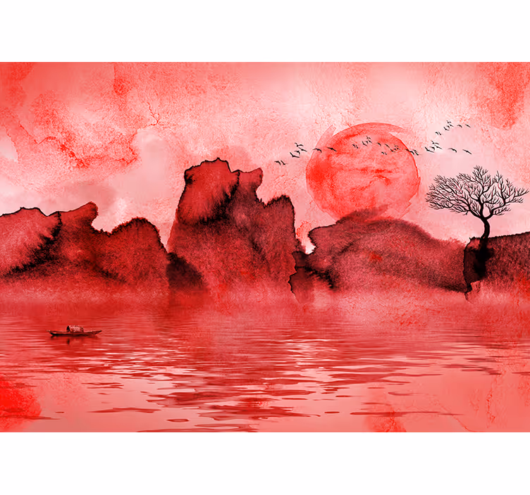 Rollo fenster rot mit chinesischer tintenlandschaft - TenStickers
