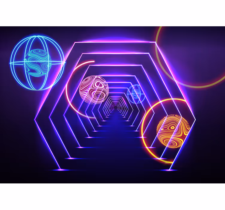 3D Tapete Wohnzimmer Neontunnel mit Planeten - TenStickers