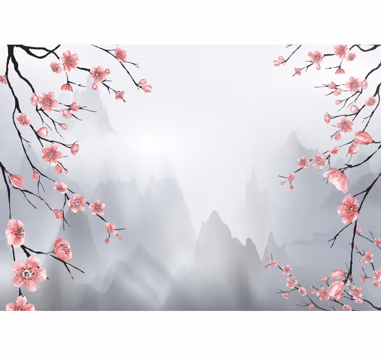 Fototapete grau kirschblüten und berge - TenStickers