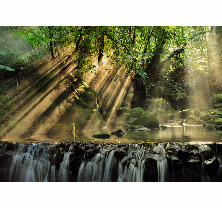 Fototapete grün wasserfall im sonnigen wald - TenStickers