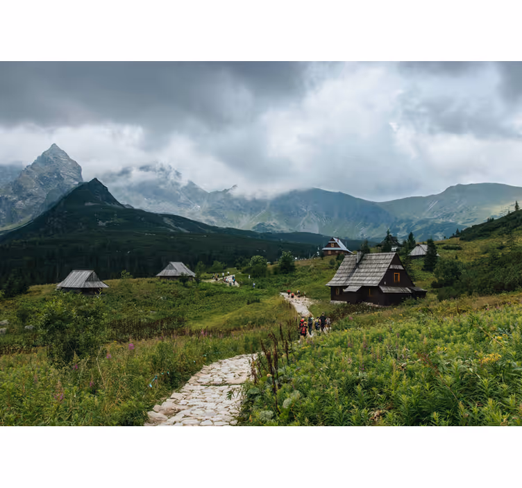 Fototapete grün mit holzhäusern in den tatra - TenStickers