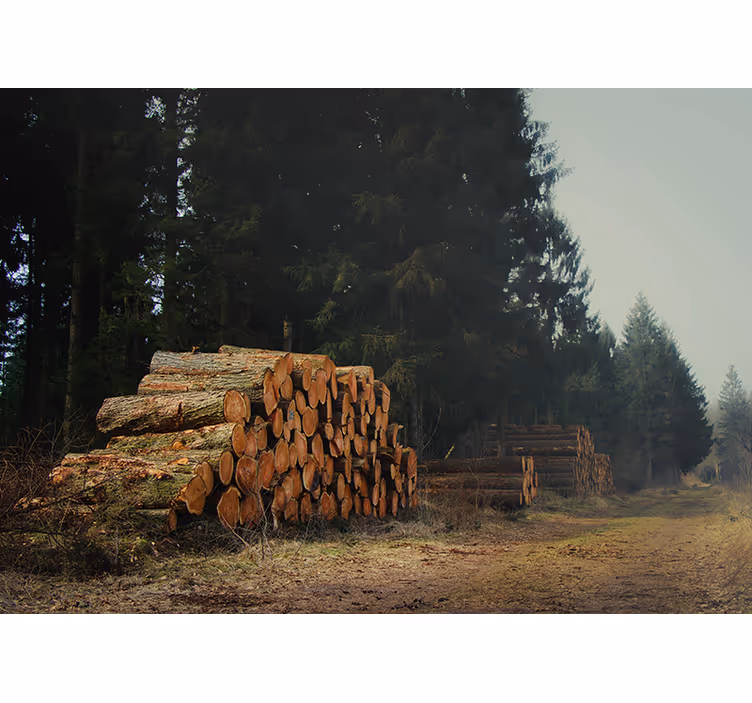 Fototapete Wald holzstapel im forst - TenStickers