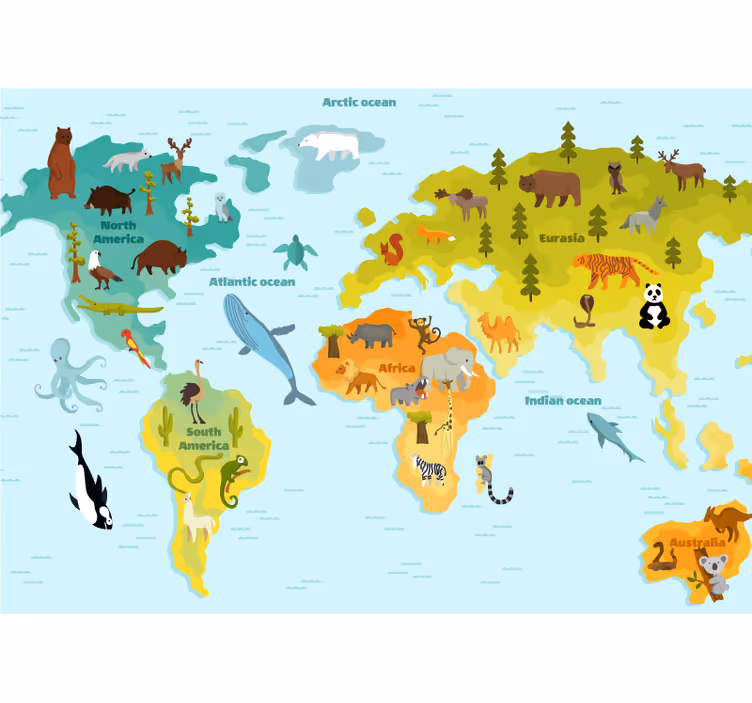 Fototapete weltkarte tierische entdeckungsreise - TenStickers