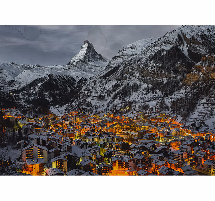 Fototapete Städte verschneite Berglandschaft Wohnzimmer - TenStickers