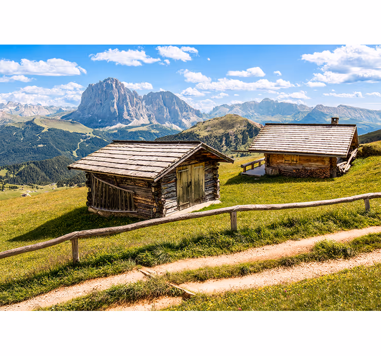 Fototapete landschaft mit malerischen berghütten - TenStickers