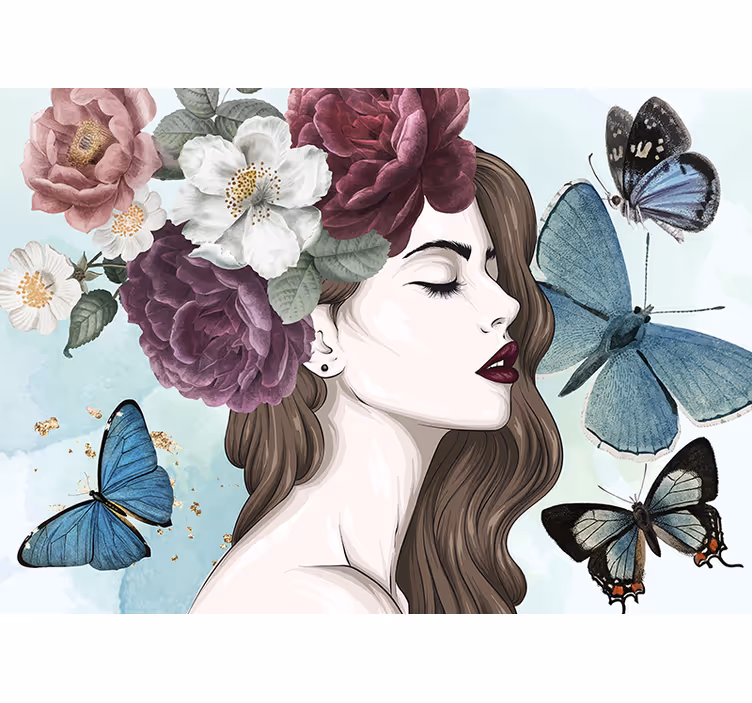 Fototapete blumen frau mit schmetterlingen - TenStickers