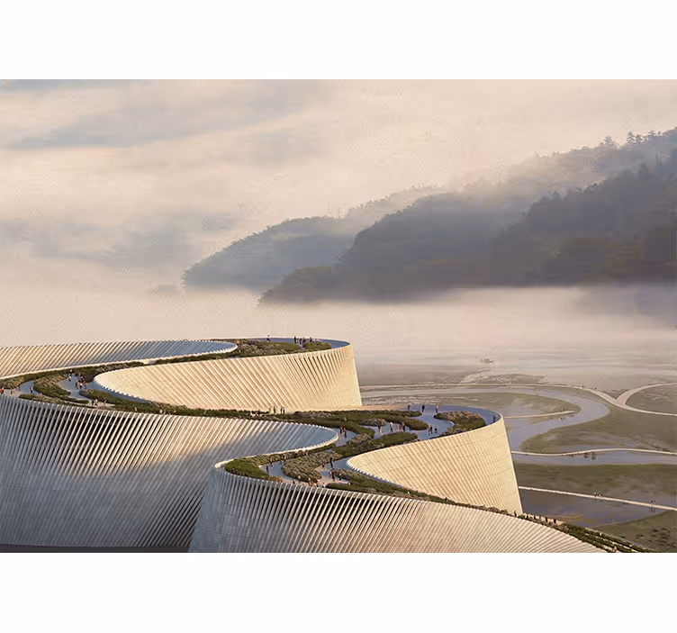 Fototapete landschaft mit geschwungener architektur - TenStickers