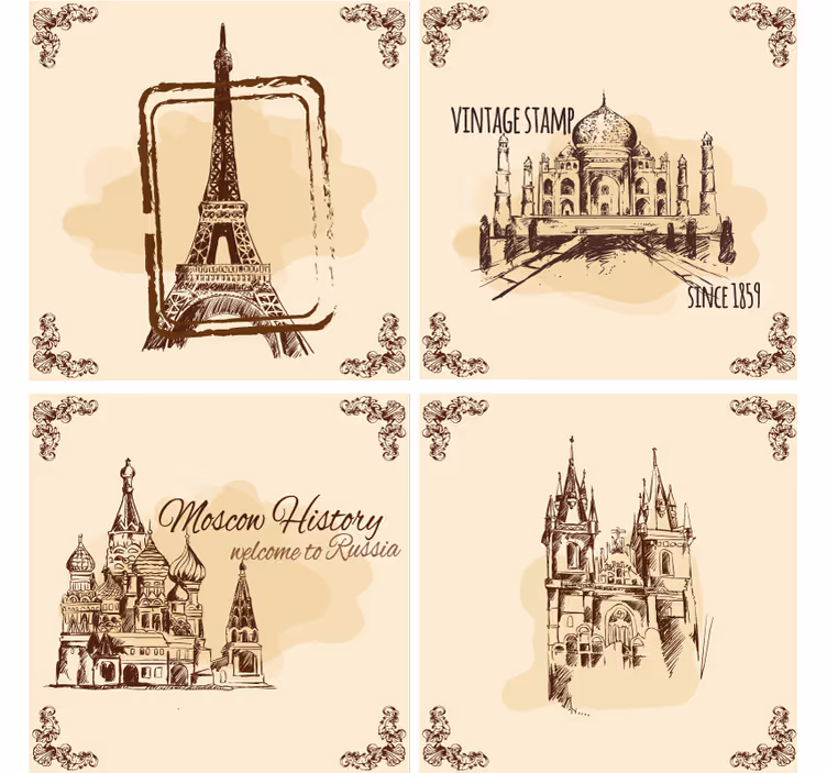 Vintage untersetzer mit historischen denkmal-illustrationen - TenStickers