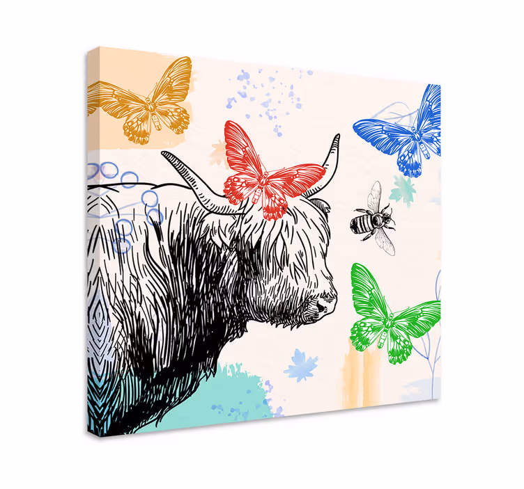 Wandbild tier hochlandrind mit schmetterlingen - TenStickers