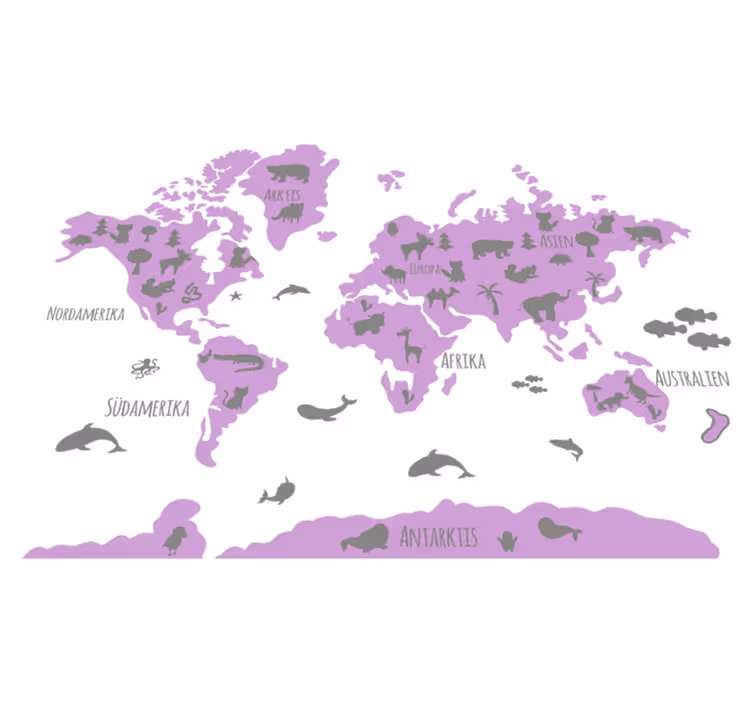 Vinyl teppich weltkarte in pink und grau mit tieren - TenStickers