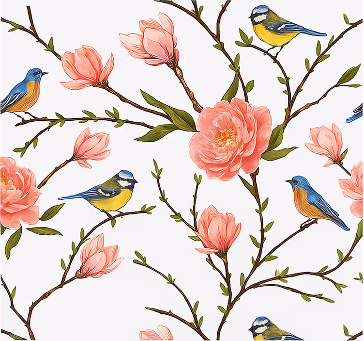 Tapete vögel frühlingsvogel und pfingstrose - TenStickers