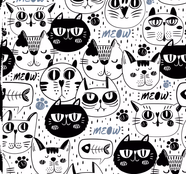 Tapete Kinderzimmer Schwarz-weißes katzengesichtsmuster - TenStickers