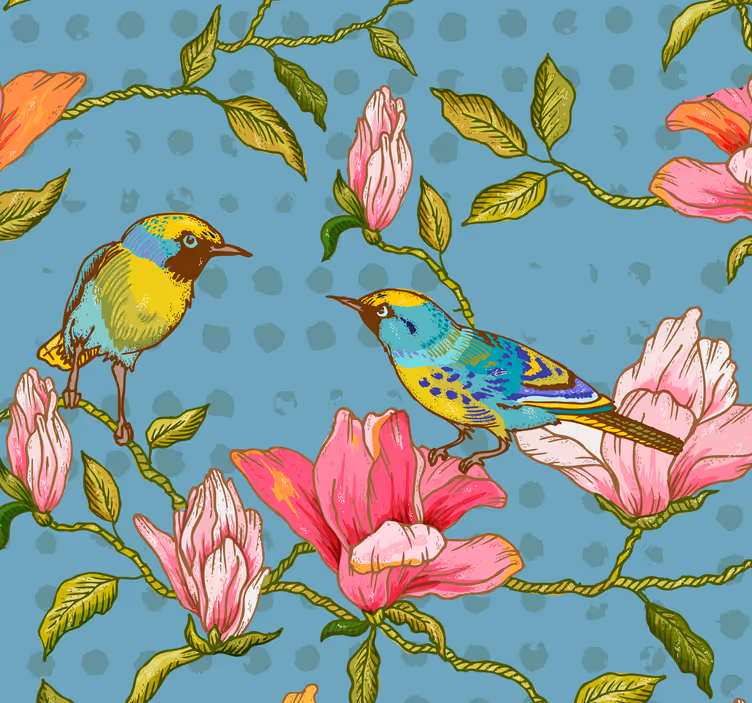 Tapete Natur Blumen mit exotischen Vögeln - TenStickers