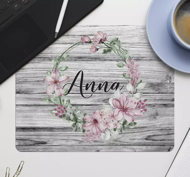 Mauspad mit Namen Aquarell blumenkreis mit Namen - TenStickers