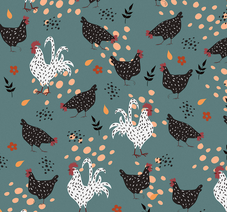 Rollo für küche mit schwarz-weißen hühnern und blumen - TenStickers