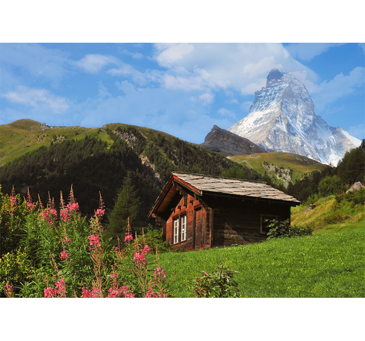 Rollo wohnzimmer grünes feld mit holzschuppen und berg - TenStickers