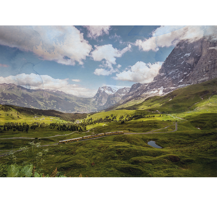 Rollo wohnzimmer grünes feld mit bergen und zug - TenStickers