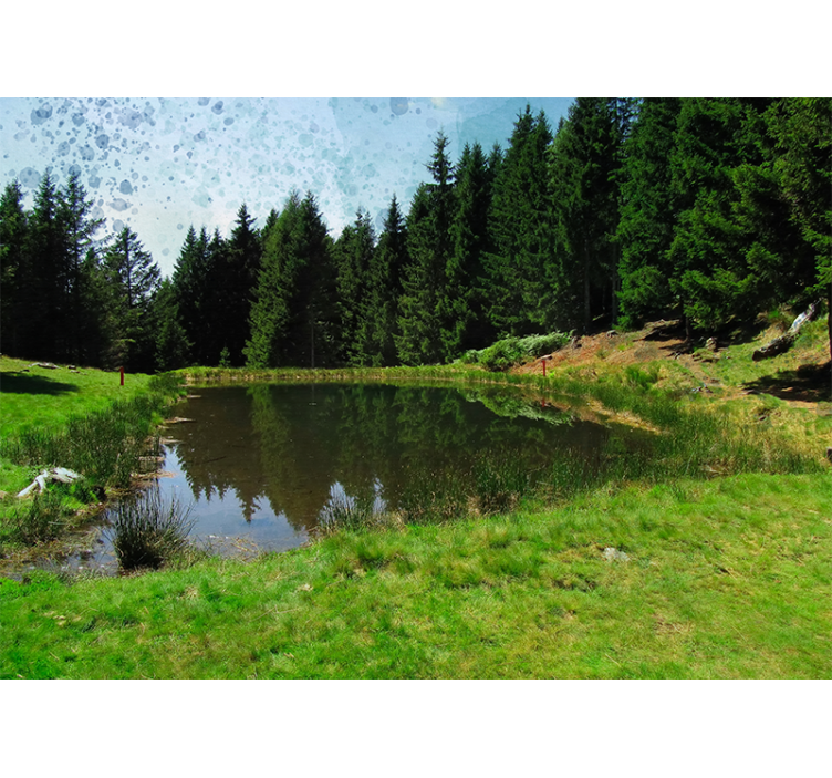 Rollo wohnzimmer grünes feld mit bäumen und see - TenStickers