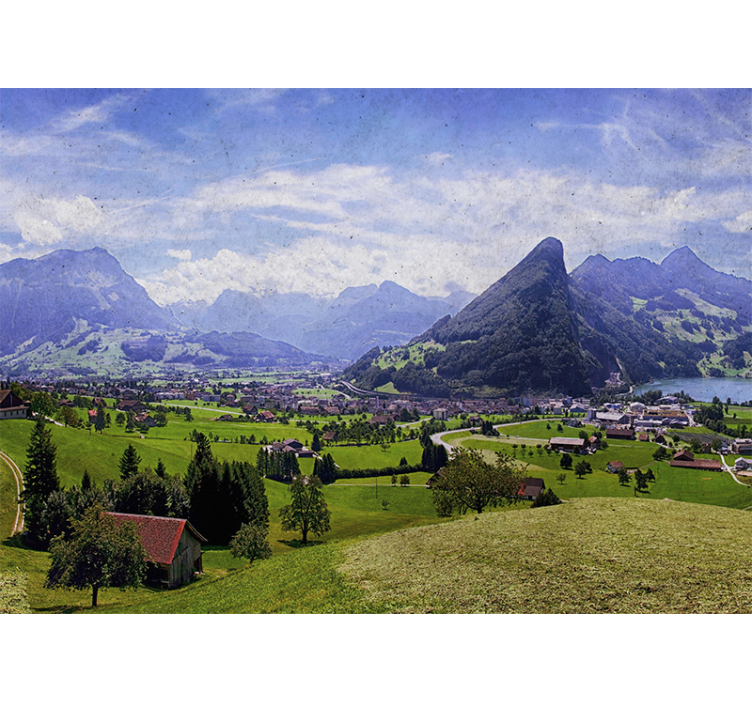 Rollo wohnzimmer häuser auf grünem feld mit bergen - TenStickers