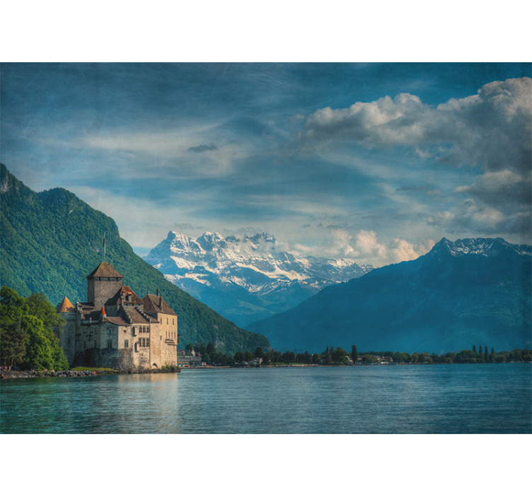 Rollo wohnzimmer schloss am see mit bergen im hintergrund - TenStickers