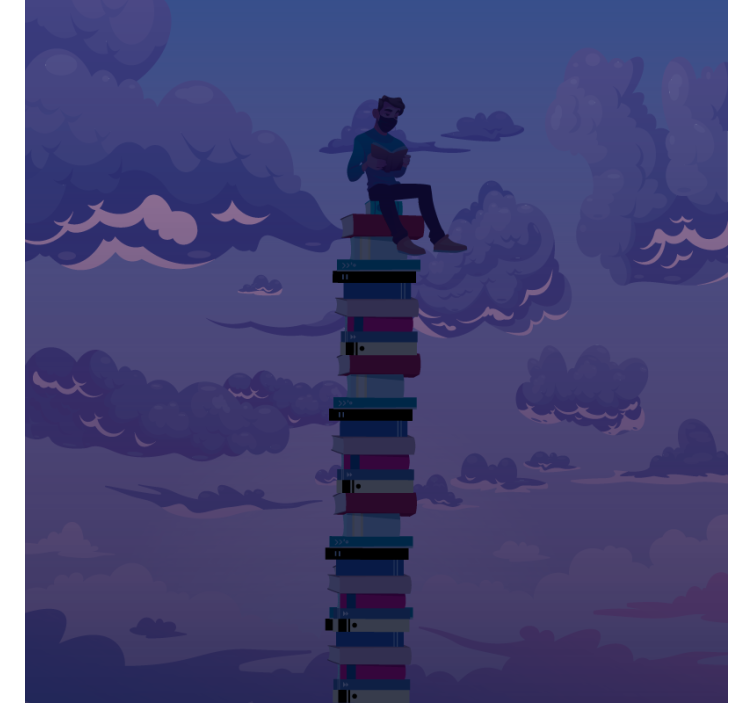 Rollo wohnzimmer mit buchturm-illustration - TenStickers