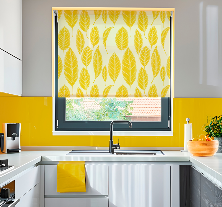 Rollo Fenster Gelb großes blättermuster - TenStickers
