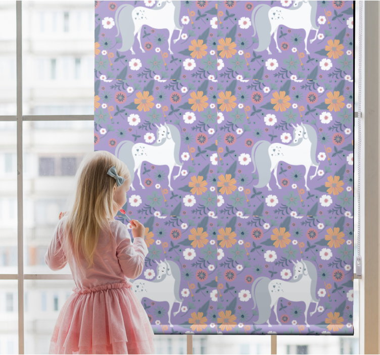 Rollo Fenster Kinderzimmer lila einhörner und blumen - TenStickers