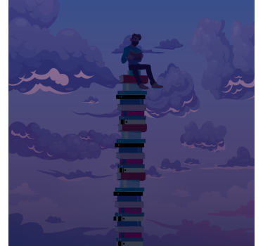 Rollo wohnzimmer mit buchturm-illustration - TenStickers