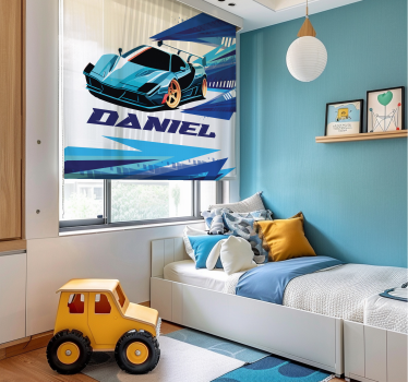 Rollo Fenster mit Namen blaues Rennauto - TenStickers