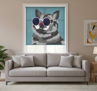 Rollo wohnzimmer mit lustigem bild einer grauen katze - TenStickers