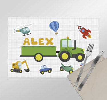 Tischset mit Namen und Cartoon-Fahrzeuge - TenStickers