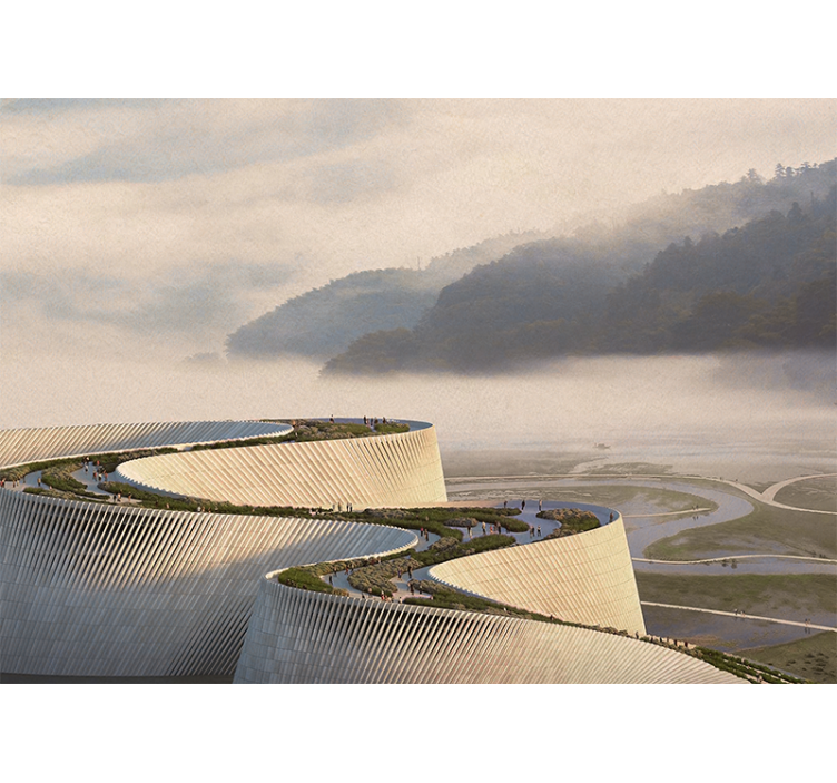 Fototapete landschaft mit geschwungener architektur - TenStickers