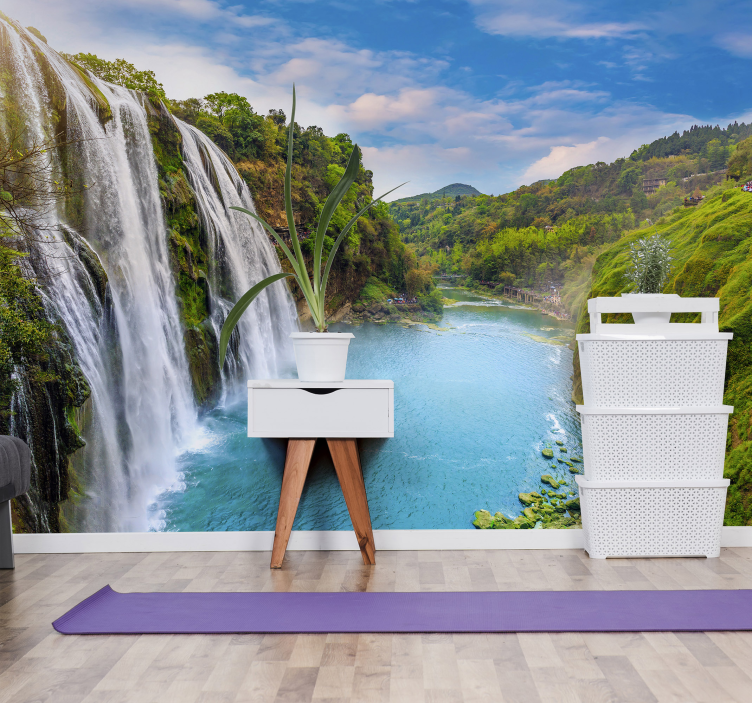 Tapete Wohnzimmer Fototapete Wasserfall Türkis - TenStickers