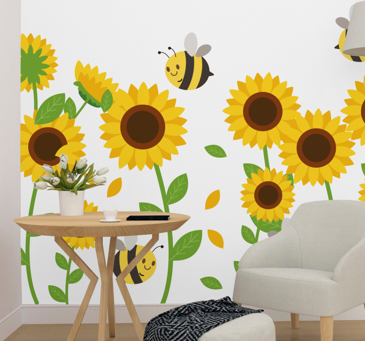 Fototapete blumen fröhliche sonnenblumen und summende bienen - TenStickers