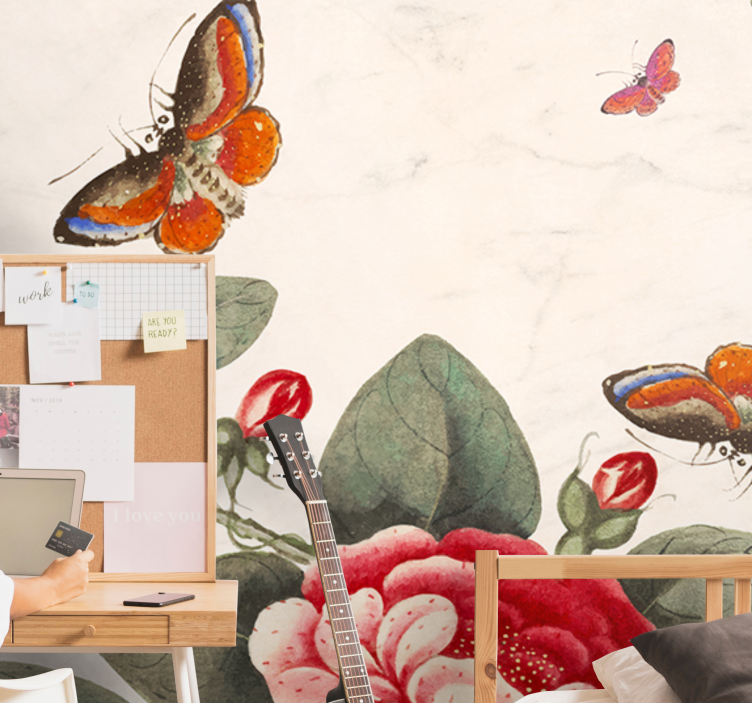 Fototapete blumen mit flatternden insekten und blüten - TenStickers