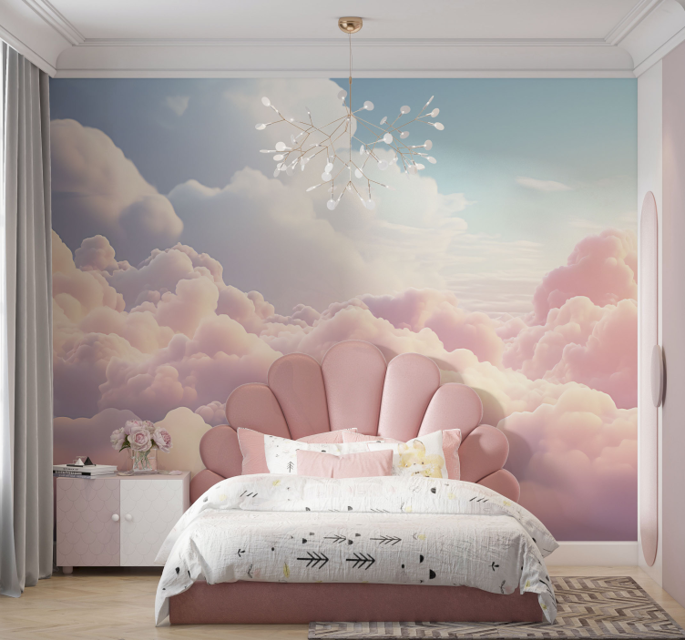 Tapete Wohnzimmer pinker Himmel mit Wolken Muster - TenStickers