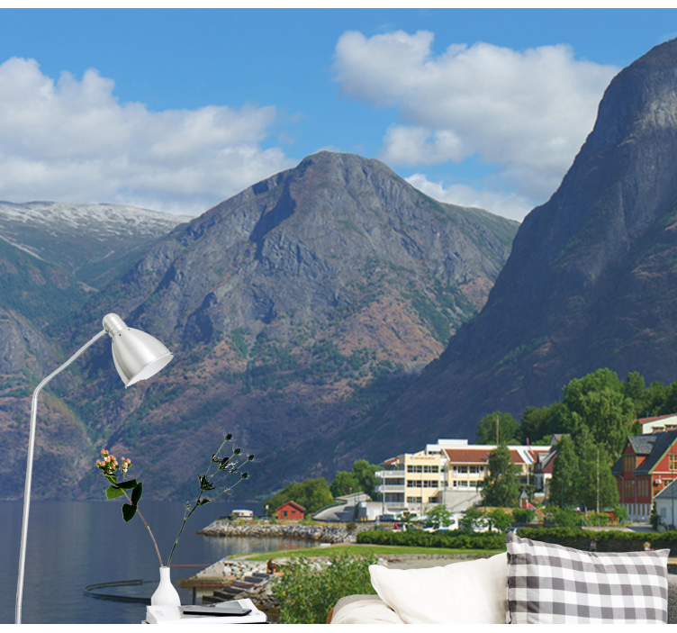 Fototapete Landschaft häuser mit bergblick - TenStickers