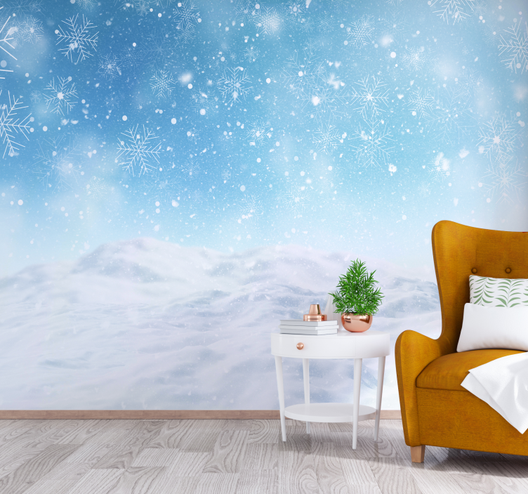 Fototapete Wohnzimmer Schneeflocken auf einer blauen landschaft - TenStickers