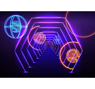 3D Tapete Wohnzimmer Neontunnel mit Planeten - TenStickers