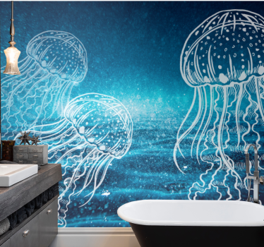 Fototapete Badezimmer blaue und weiße Quallen - TenStickers