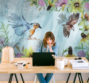 Fototapete Büro bunte blumenvögel - TenStickers