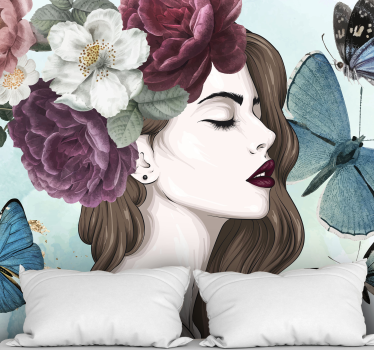 Fototapete blumen frau mit schmetterlingen - TenStickers
