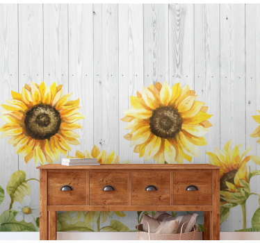 Fototapete Blumen sonnenblumen über holzstruktur - TenStickers