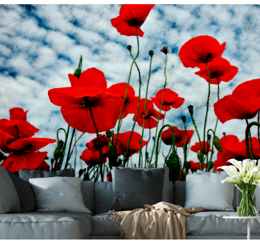 Fototapete Mohnblumen bewölkter blauer himmel - TenStickers