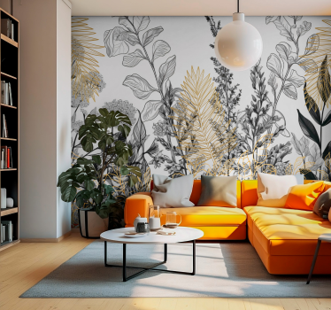 Fototapete Wohnzimmer Zeichnungen von Pflanzen - TenStickers