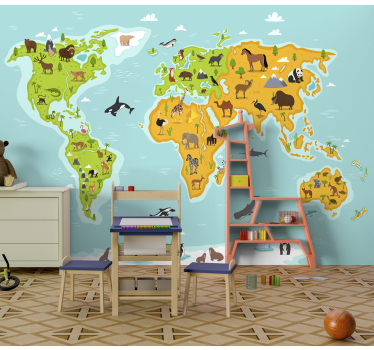 Tapete Jugendzimmer Weltkarte mit Tieren - TenStickers