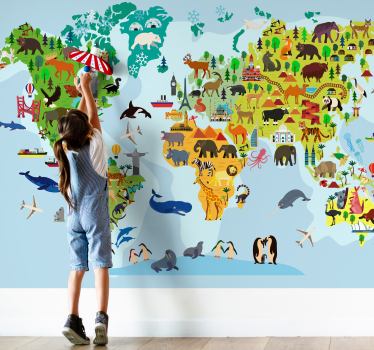 Fototapete Kinderzimmer Weltkarte mit Sehenswürdigkeiten - TenStickers